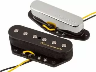Fender Vintage Noiseless Tele Set Fender Vintage Noiseless Tele pickups produce the brilliant single-coil clarity, definition and twang of a vintage 1960s Tele without the hum. As Heard on