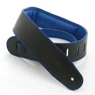 Guitar Strap Garment Leather 2.5" + Foam Padding Black with Blue Backing